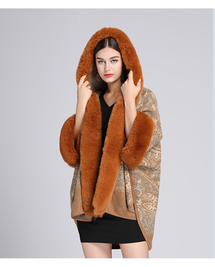 Cardigan in lana di grandi dimensioni con collo a scialle con cappuccio jacquard in pelliccia di coniglio rex di nuovo stile per donna_voghion.com