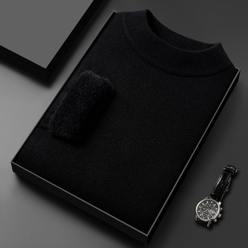Herfst en winter Nieuw Halfhoge hals gebreid voor mannen, middelbare vader, effen kleur eendelig fleece anti-pilling warm_voghion.com