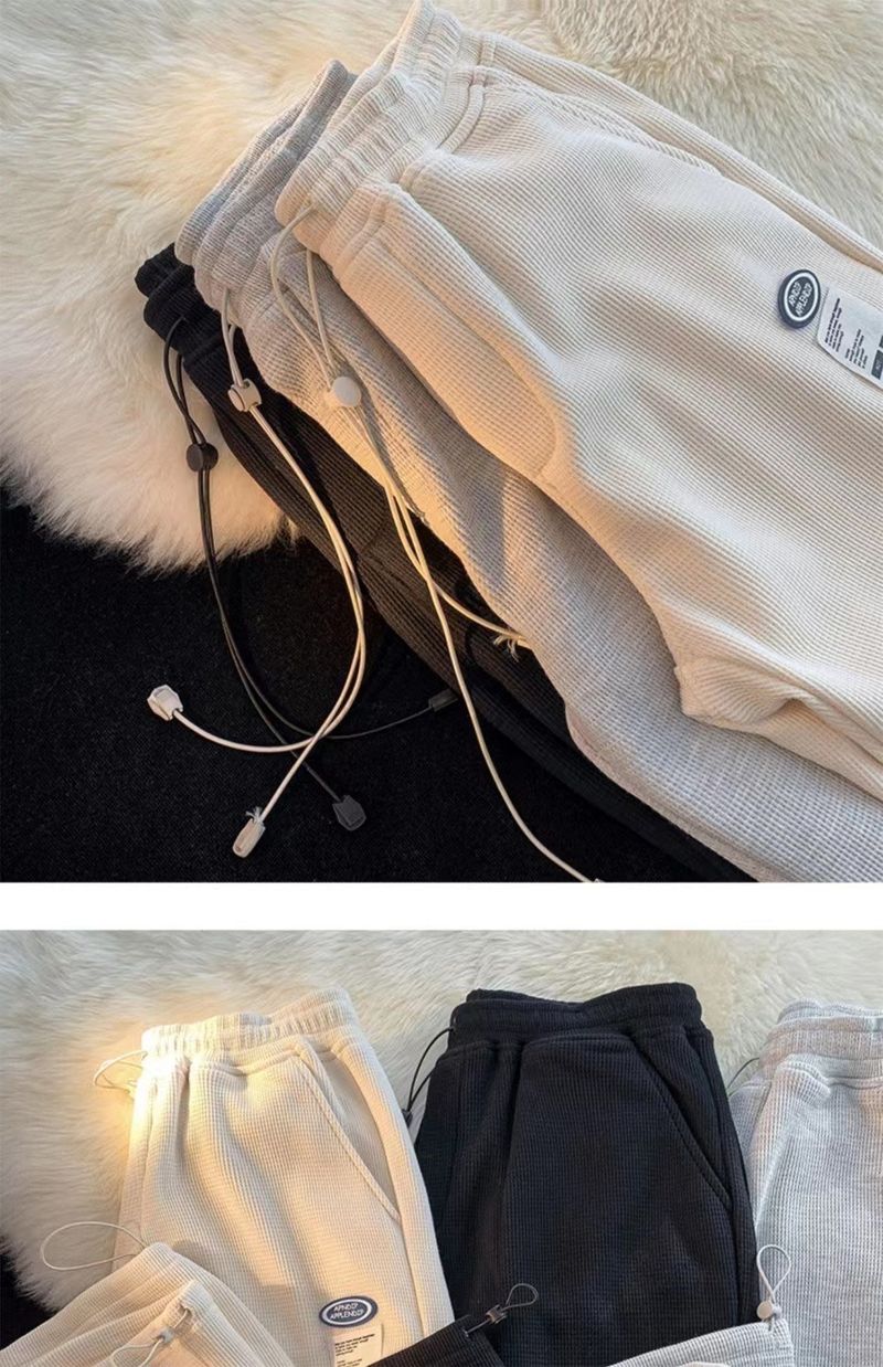 Jogginghose mit Waffelstrick für Herren – lässige Jogginghose mit geradem Bein für Teenager, weiches und atmungsaktives Polyester, elastischer Bund, einfarbig_voghion.com
