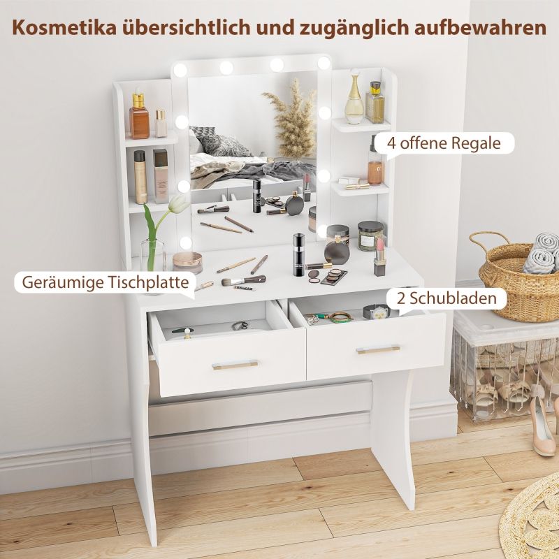 Lámpara LED Schminktisch Mit Spiegel Und Dimmbaren, Schubladen Und Regalen, Weiß_voghion.com