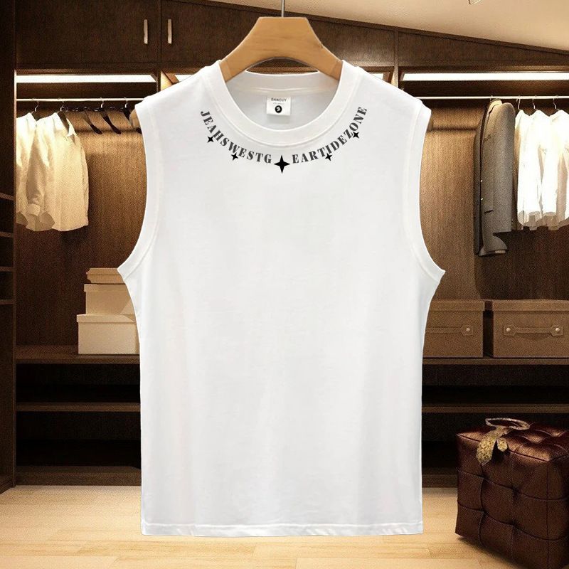 Herrkläder Ärmlös T-shirt i ren bomull Herrväst Sommarväst Breda axlar Lösa basketbollar Fitness Sport Bomullströja_voghion.com