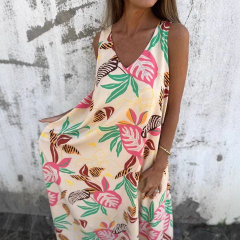 Robe débardeur imprimée à col en V et poches amples pour femme, nouvelle collection printemps/été 2025_voghion.com