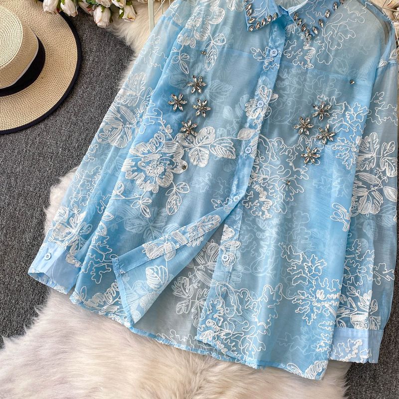 Chemise brodée de luxe à manches longues pour femme – Chemisier léger et anti-UV avec col strass, coupe ample et décontractée pour le bureau (taille unique)_voghion.com
