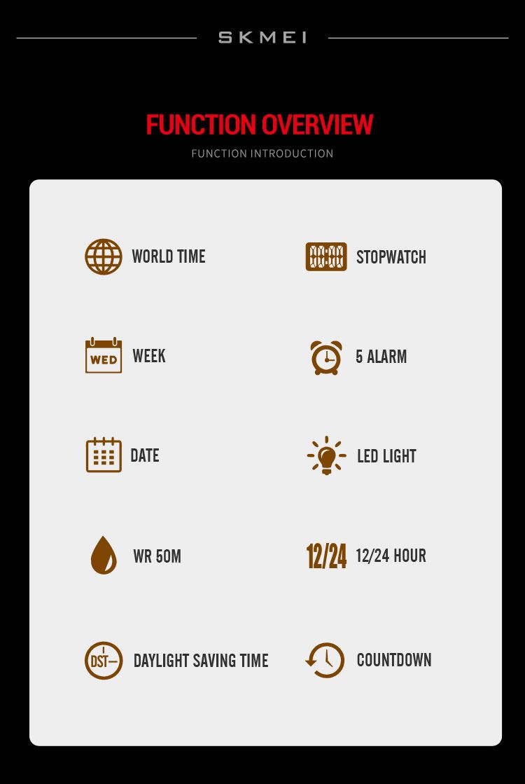 Orologio elettronico digitale con display luminoso, sportivo, al quarzo, con 5 allarmi, per uomo e donna, impermeabile, con ora mondiale._voghion.com