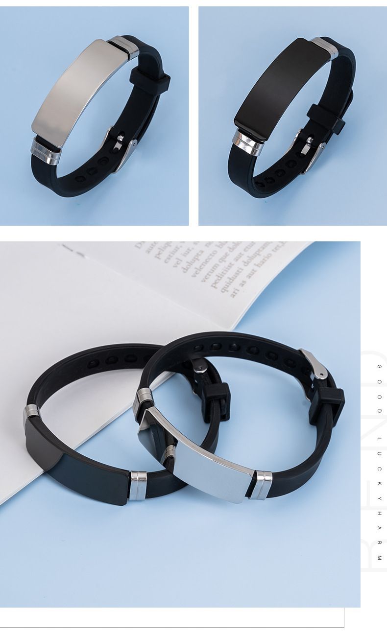 Bracciale sportivo regolabile in acciaio al titanio e silicone per coppie - Bracciale unisex con incisione personalizzata, design geometrico alla moda, nero e argento_voghion.com