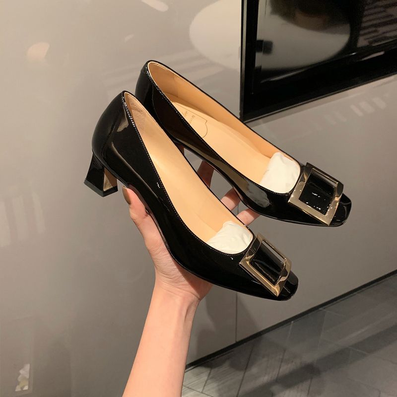 Instant Dispatch~ Grape Mom Classic Buckle Small Square Toe Shallow Mouth High Heels Women Summer Chunky Heel Flat_voghion.com