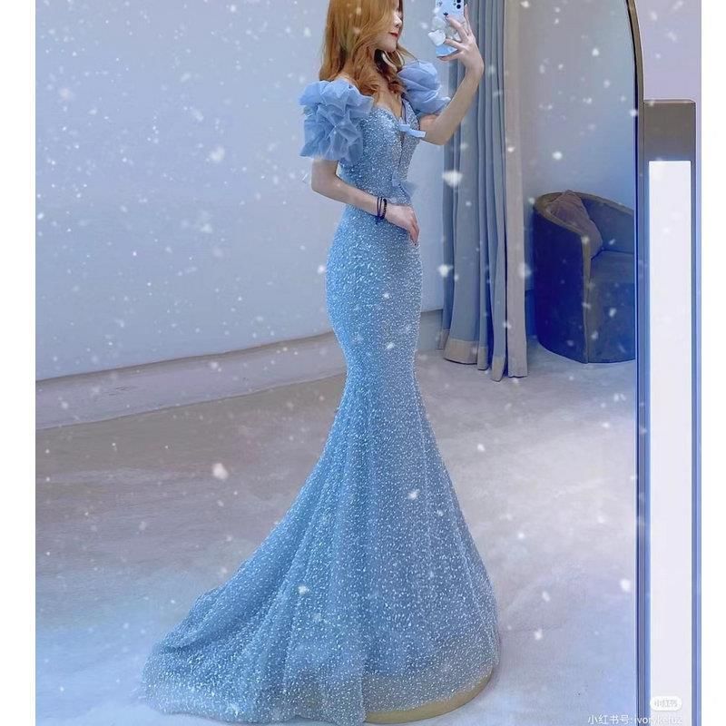 Abito da sera in chiffon con paillettes a coda di pesce, abito da ballo sexy_voghion.com