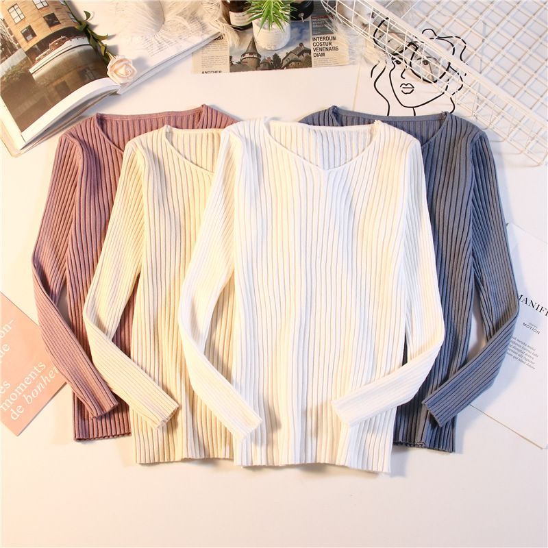 Maglione lavorato a maglia da donna con scollo a V, vestibilità attillata, manica lunga ed elasticizzato, per autunno inverno_voghion.com