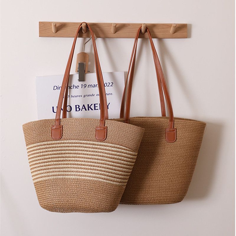Borsa da spiaggia in rattan intrecciato, nuova, versatile, casual, da donna, a tracolla singola, a righe, in paglia, estiva, grande capacità_voghion.com