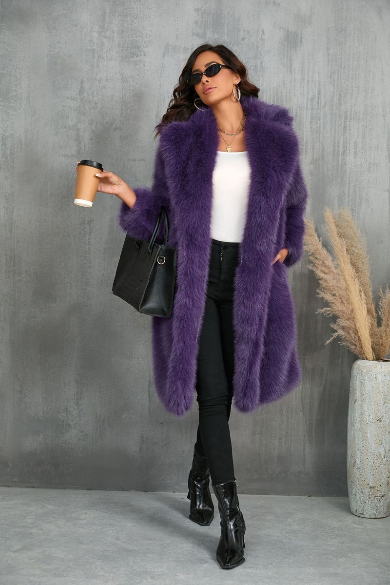 Women's Clothing Women’s Longline Faux Fur Coat – Plush Fox-Like Collar, Oversized Blazer Style, Warm Winter Jacket (Purple/Taupe/Pink, S-XXXL)_voghion.com