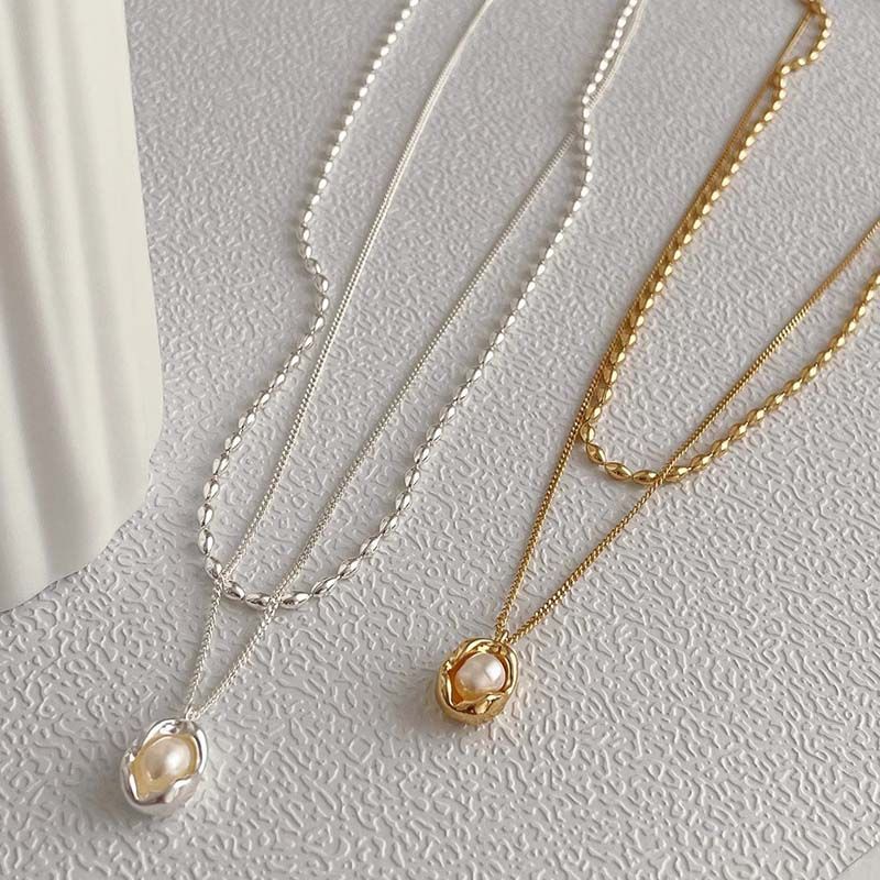 Mode Vintage Doppel Schicht Perle Anhänger Halskette Für Frauen Elegante Silber Farbe Unregelmäßigen Schlüsselbein Kette Halsketten Schmuck 2024_voghion.com