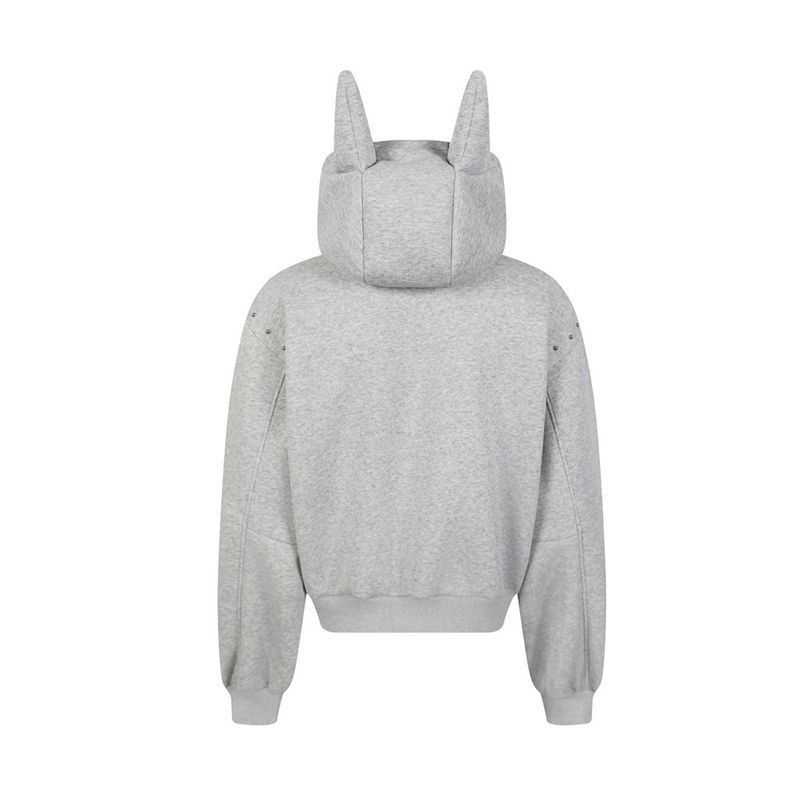 Felpa con cappuccio e colletto per uomo con ansia sociale, stile scuro, design con orecchie alte e decorazioni a rivetto e cerniera corta_voghion.com