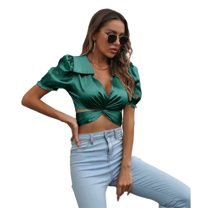 Satijnen imitatiezijde pofmouw korte top baby kraag korte mouw shirt voor dames_voghion.com