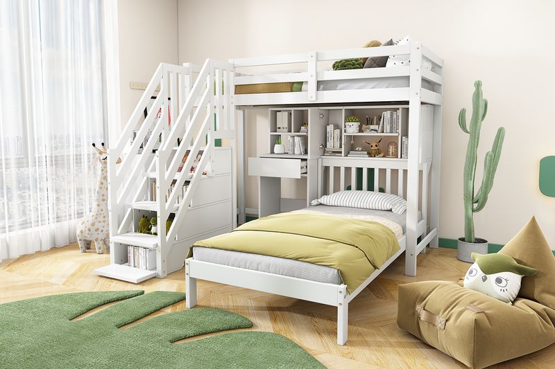 Lit superposé avec bureau et étagères, lit enfant multifonctionnel avec sommier à lattes, blanc, 90 x 200 cm_voghion.com