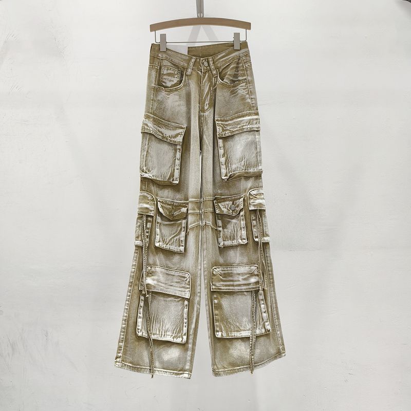 Abbigliamento da donna jeans da lavoro multitasche per donna 2024 primavera e autunno nuovi pantaloni di nicchia dal design retrò americano a vita alta_voghion.com