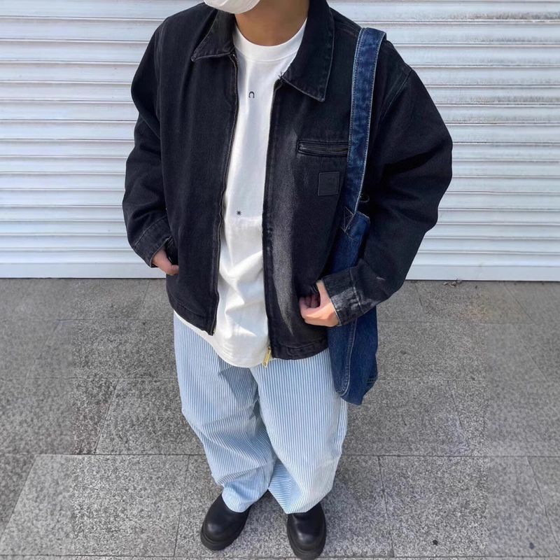 Car Card Clam Taş Yıkanmış Vintage Detroit Kot Ceket, Erkekler ve Kadınlar İçin Ekose Astarlı_voghion.com