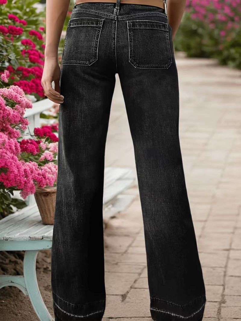 Jeans a gamba dritta a vita media da donna - Pantaloni classici in denim elasticizzato nero con vestibilità ampia e lusinghiera_voghion.com