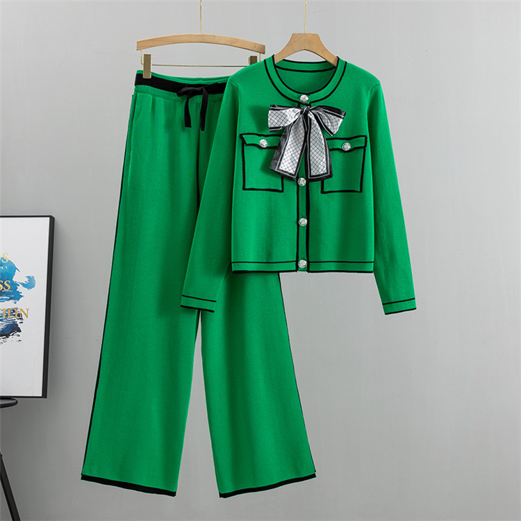 Women's fashion professional suit age-reducing temperament knit cardigan style wide leg pants two-piece set_voghion.com