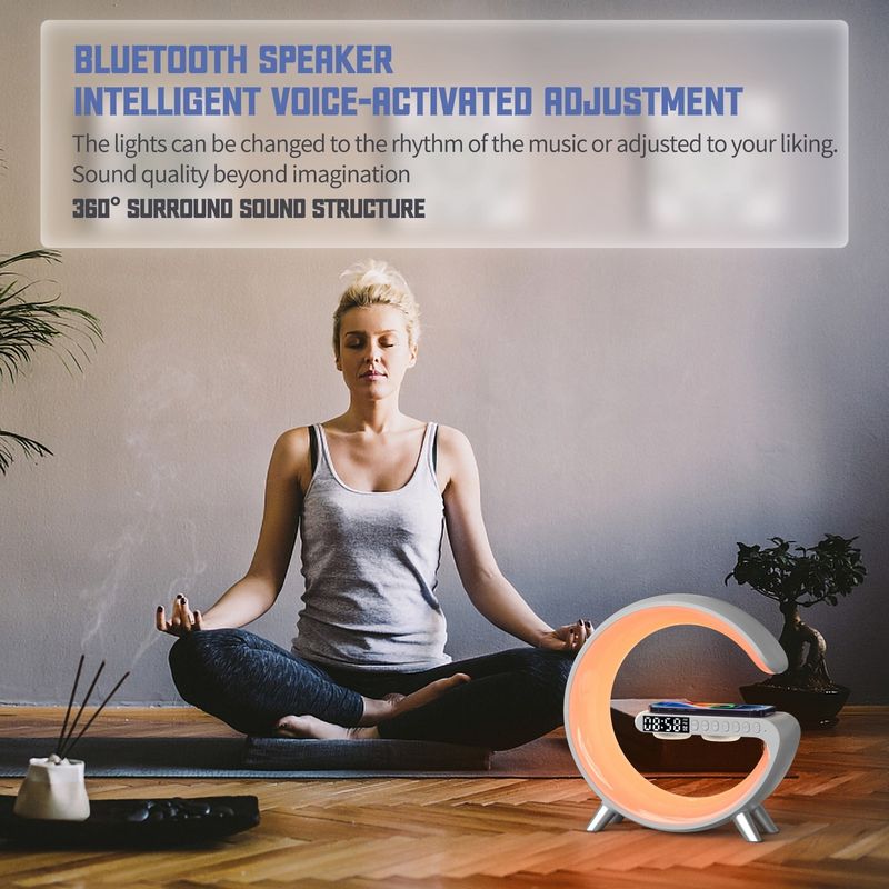N69-1 Smart Bluetooth Speaker with Wireless Charger & Alarm Clock & Ambient Light, Without APP(White)_voghion.com