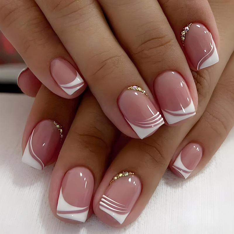 24Pcs Short Simple Square False Artifical White French Fake Nail Tips With Rhinestone Wearable Full Cover Pres_voghion.com