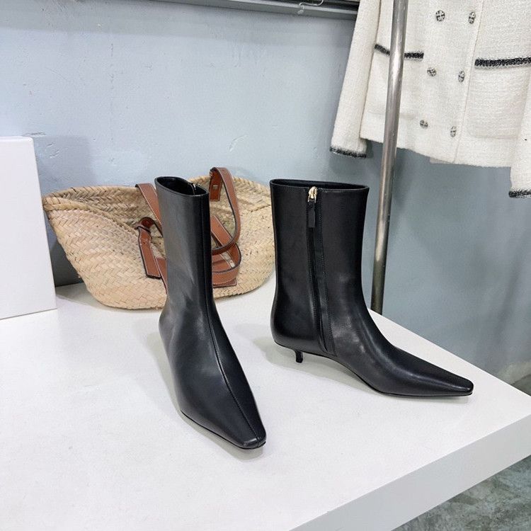 Stivali con tacco a spillo francesi con punta quadrata, stile autunno 2024, di alta qualità, con cerniera laterale in pelle._voghion.com
