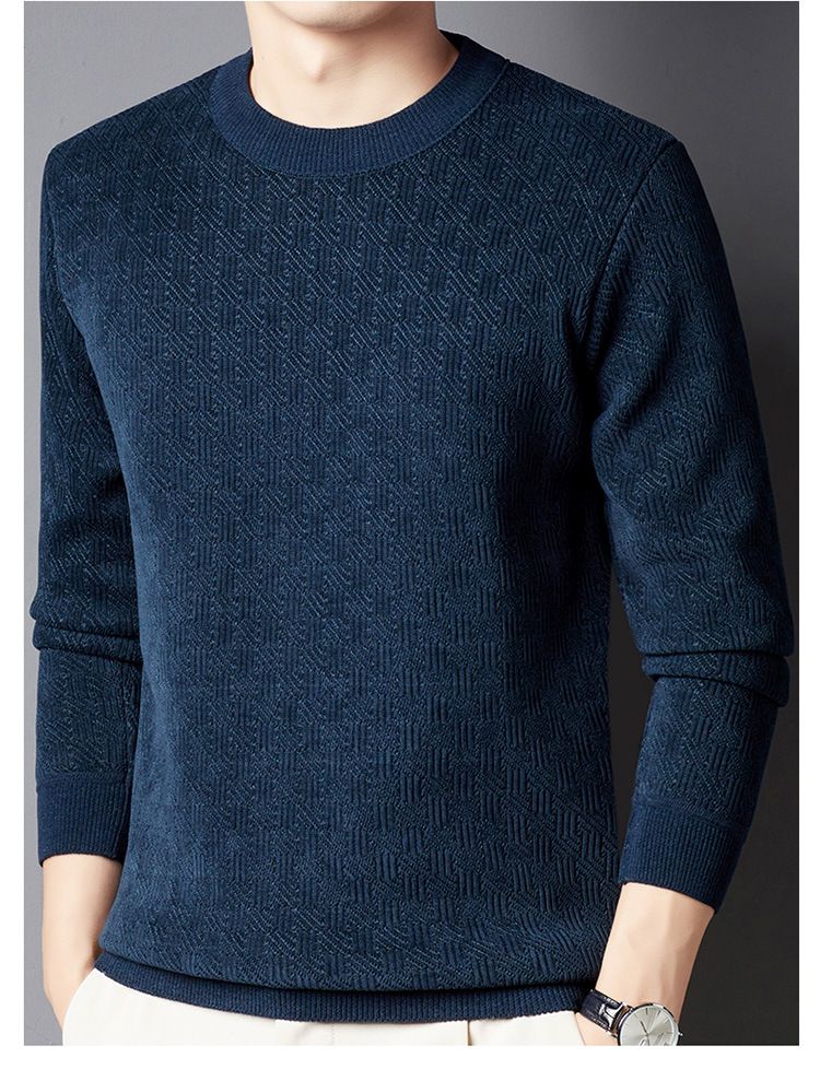 Herrenbekleidung Winterpullover für Herren Plus Samt Verdickter Jacquard-Karos All-in-One-Samt Warmes Oberteil Einfarbiger Rundhalspullover_voghion.com