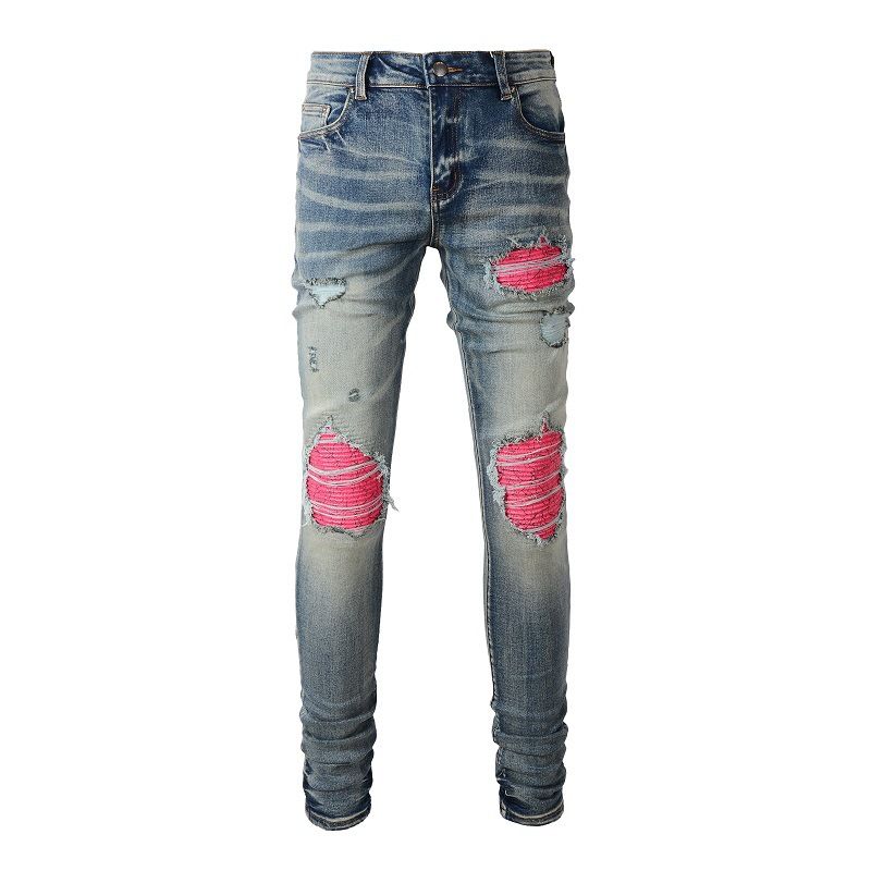 Suitable For All Seasons Men's Light Blue Patchwork Denim Pants With Stretch Fit And Small Cuffs_voghion.com
