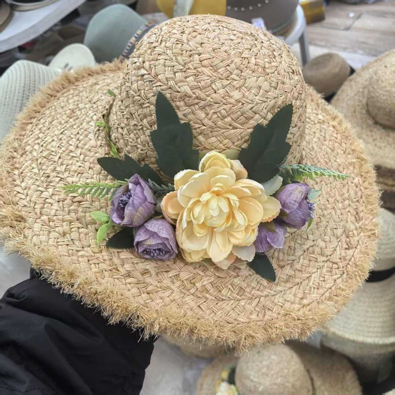raffia Woven Women's Summer French Style Floral Beach Vacation Wide Brim Sun Hat_voghion.com