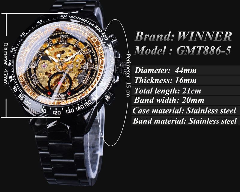 Men's Premium Gold-Toned Skeleton Automatic Mechanical Watch With Stainless Steel Band - 44mm Round Dial, Mineral Glass, Fold-Over Clasp Mechanical_voghion.com