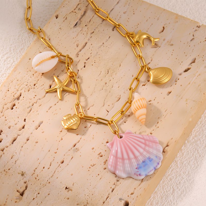 Necklace Women Golden Pendant Necklace Fashion Beach Style Turtle Conch Accessories For Women, Light Luxury High-End Feel, Non-Fading Titanium Steel_voghion.com