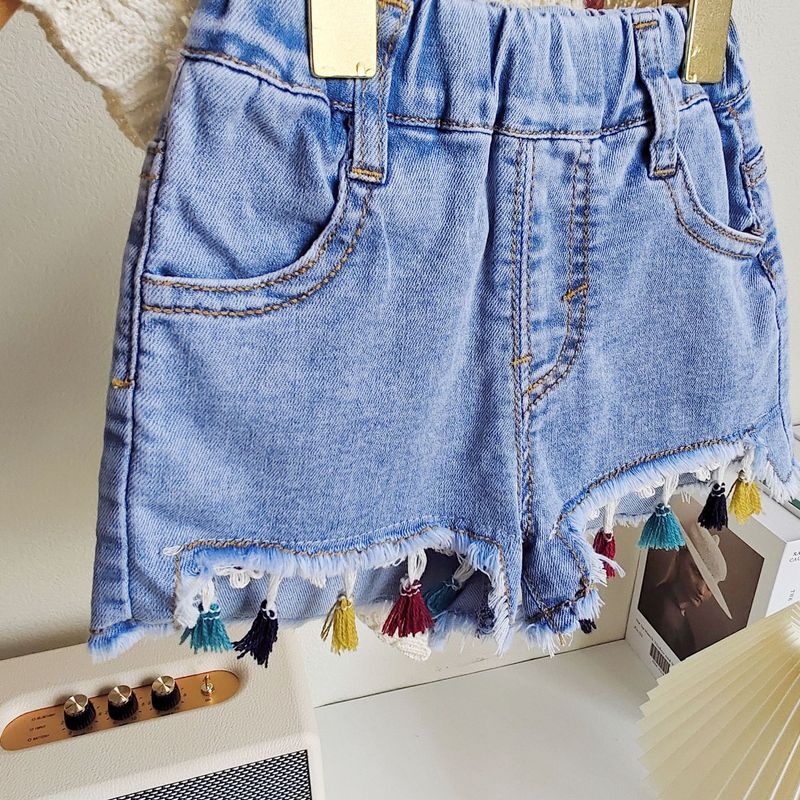 Ropa para niños Traje de verano para niñas Moda para bebés Personalidad para niños Chaleco de punto con flores de moda Tirantes Borla Pantalones cortos de mezclilla_voghion.com
