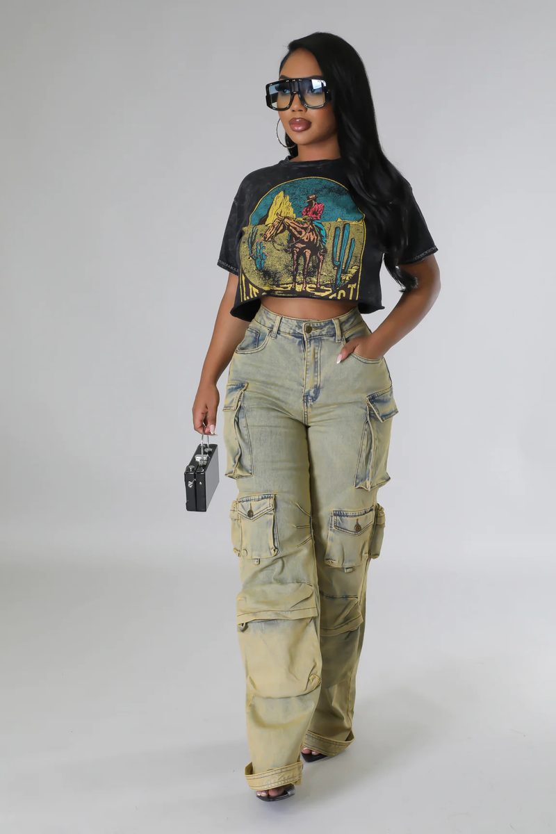 Sieviešu modes karsti pārdodošs T-krekls ar apaļu kakla apdruku ar īsām piedurknēm ar augstu jostasvietu_voghion.com