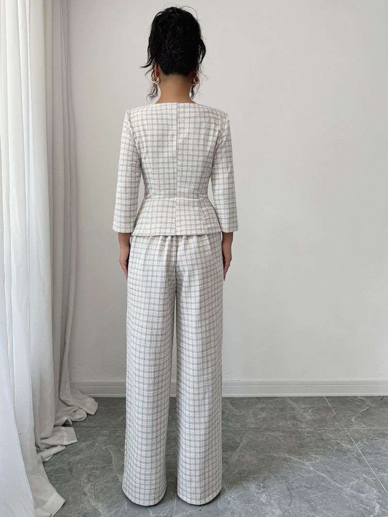 Elegant Houndstooth Blouse & Trousers Set – Stretch Polyester-Spandex Office-to-Cocktail Outfit (S-XL, Beige)_voghion.com