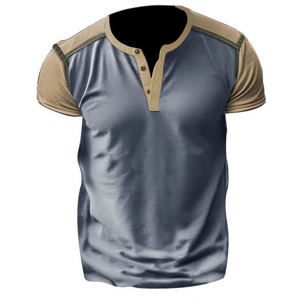 2024 Summer New Men's Colored Short sleeved Henley Shirt American Button T-shirt_voghion.com