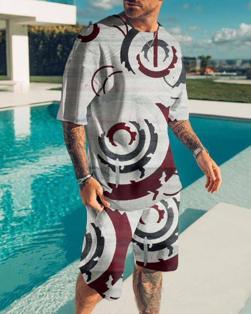 Set di pantaloncini T-shirt stampati digitali 3D con texture casual stile spiaggia alla moda dei nuovi uomini estivi 2024_voghion.com