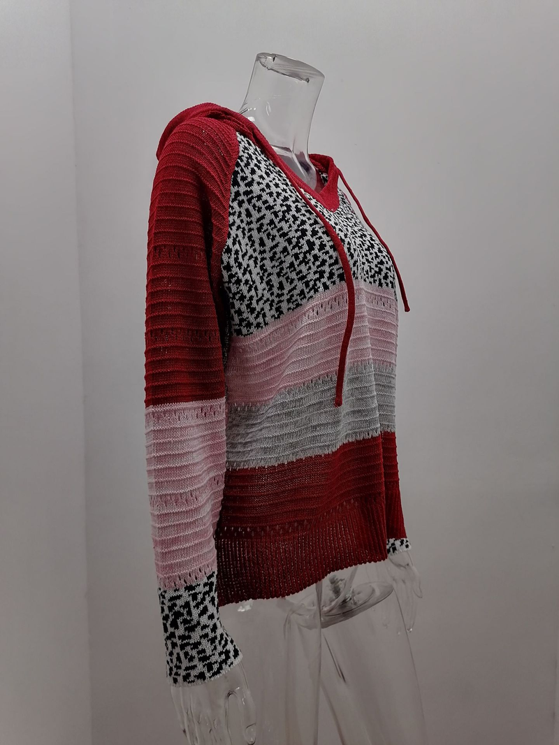 Roupas femininas New Wish Outono e Inverno Listrado Com Capuz Suéter Estampa Leopardo_voghion.com