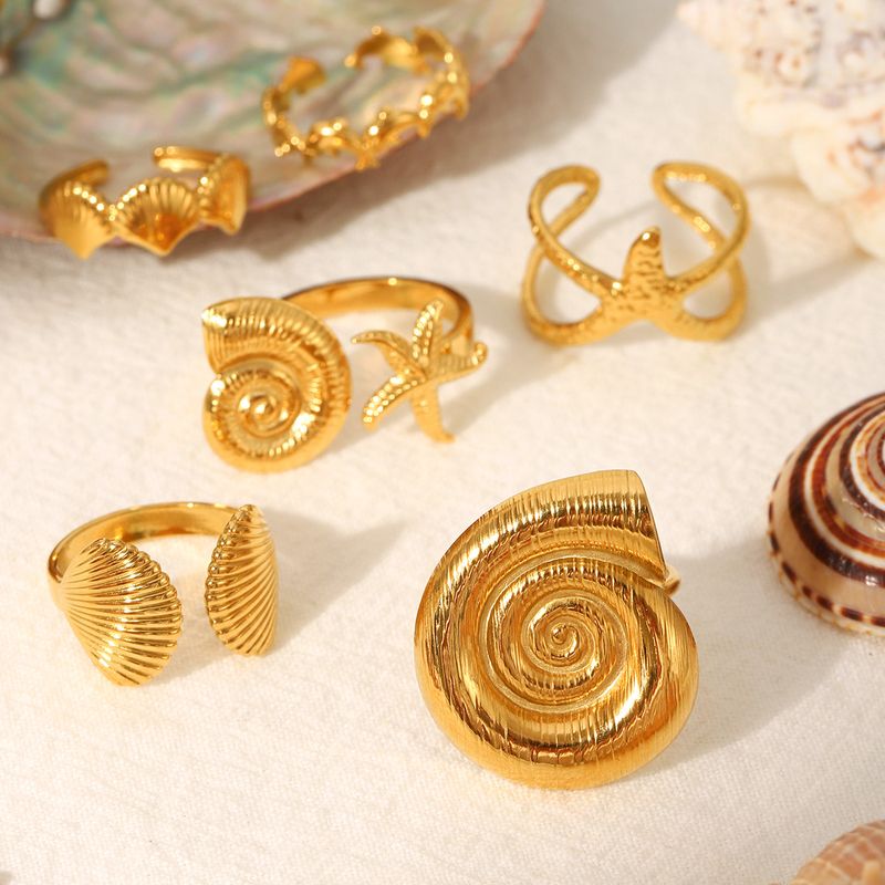 Bague ouverte dauphin en acier inoxydable, coquillage et étoile de mer, collection Ocean Series, en titane simple et inaltérable._voghion.com