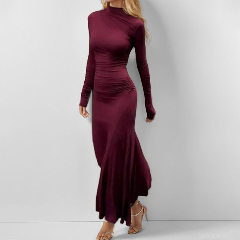 2025 Summer New European And American Women's Fashion Elegant Solid Color Ruched Slim Fit Long Sleeve Bodycon Dress_voghion.com