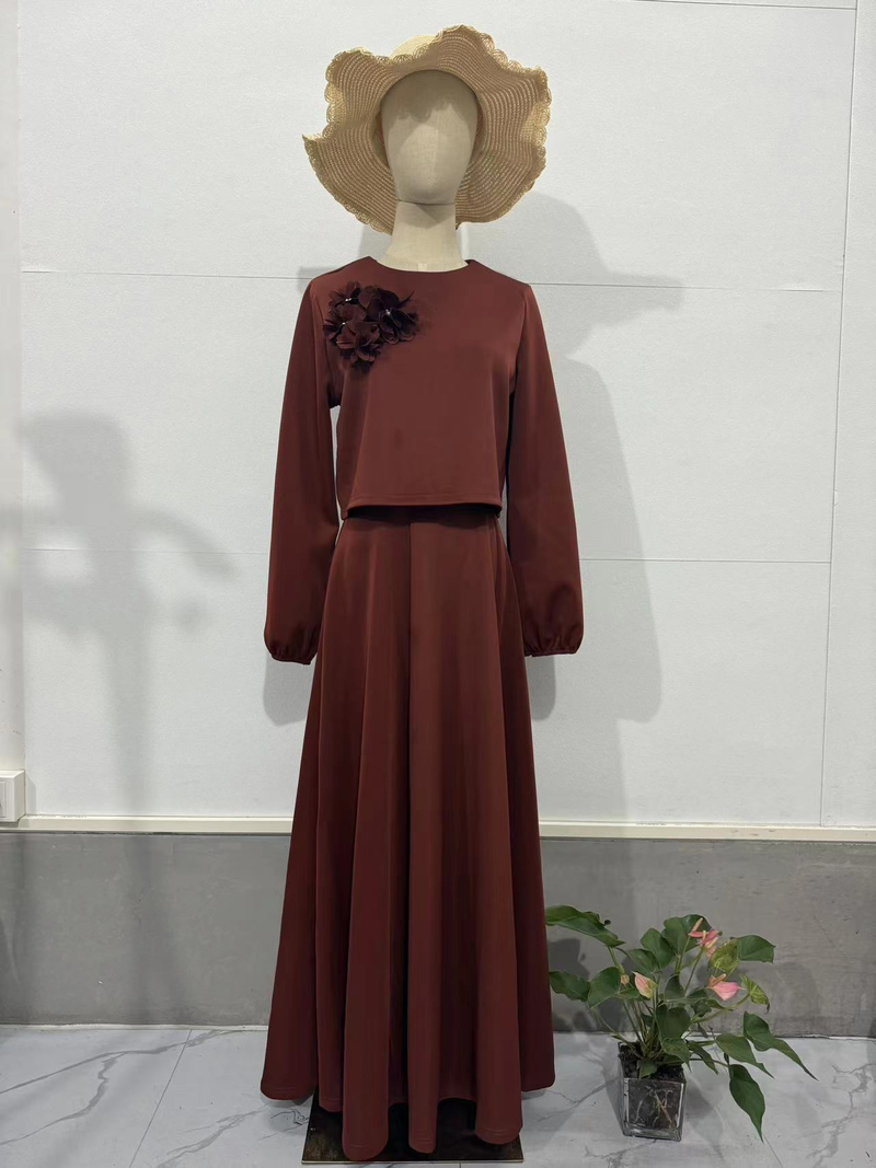Robe ample à manches lanternes et fleurs du Moyen-Orient pour femme, ensemble deux pièces sans chapeau_voghion.com
