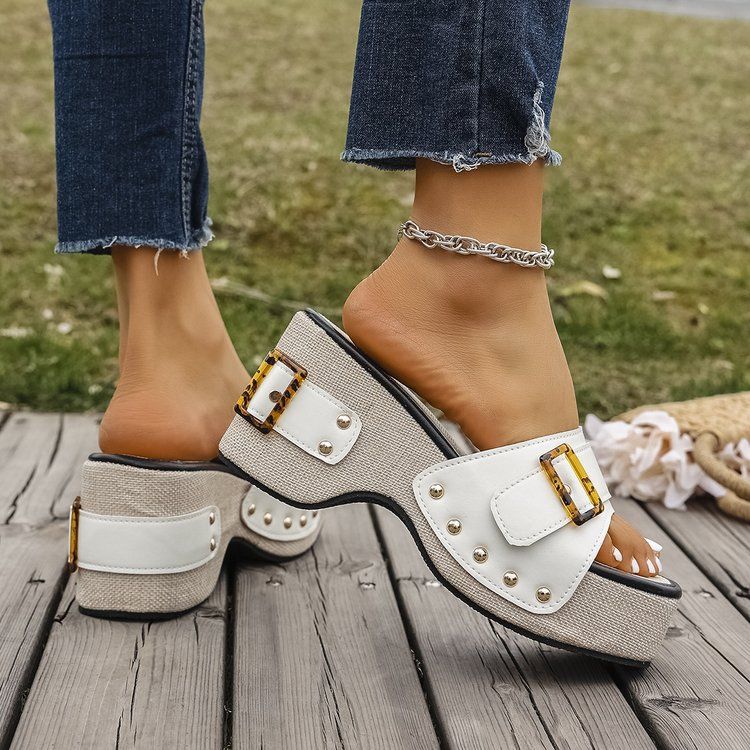 Women's Shoes Large Size 43 Square Heel Thick Sole Heightening Style One Strap Sandals Summer Buckle Rivet Women's Shoes_voghion.com