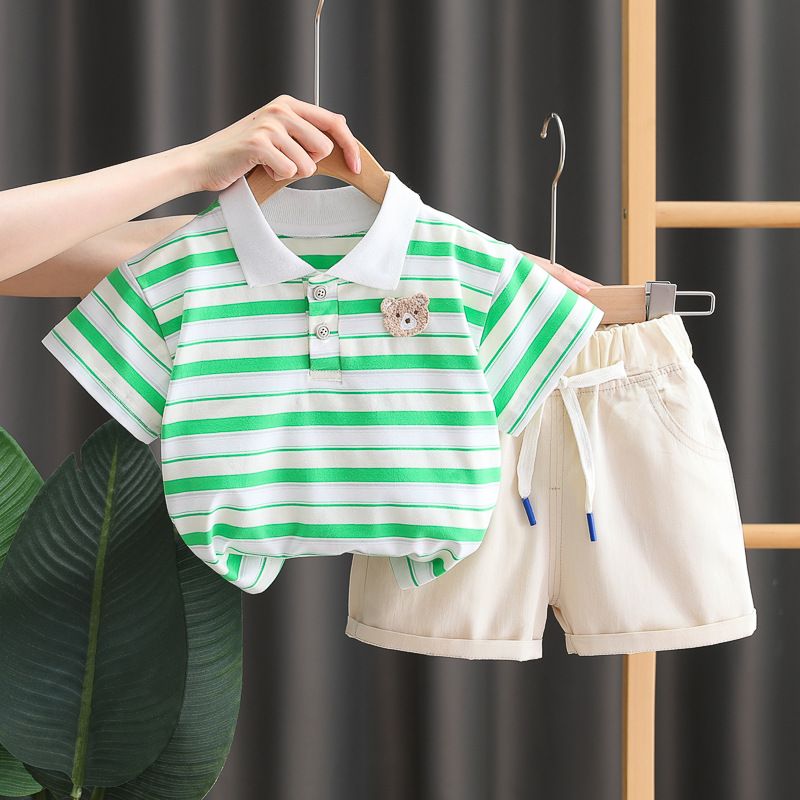 Children's Striped Embroidered Teddy Bear Short Sleeved Set, Trendy 1-4 Year Old New 2024 Summer Boys' Clothing_voghion.com