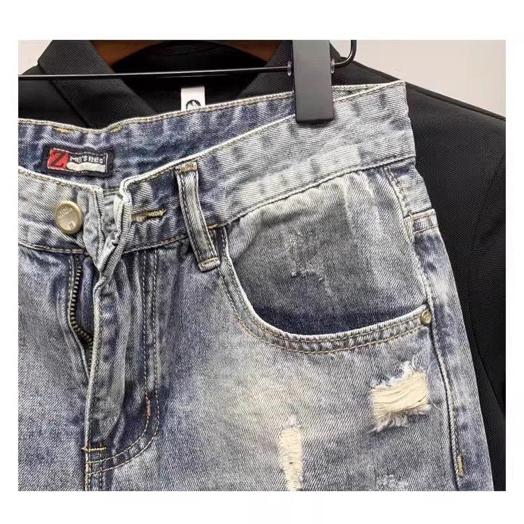 Ripped Denim For Men Summer Thin Stretch Large Size Slim Straight Youth Five-Point Mid-Length Casual Shorts_voghion.com