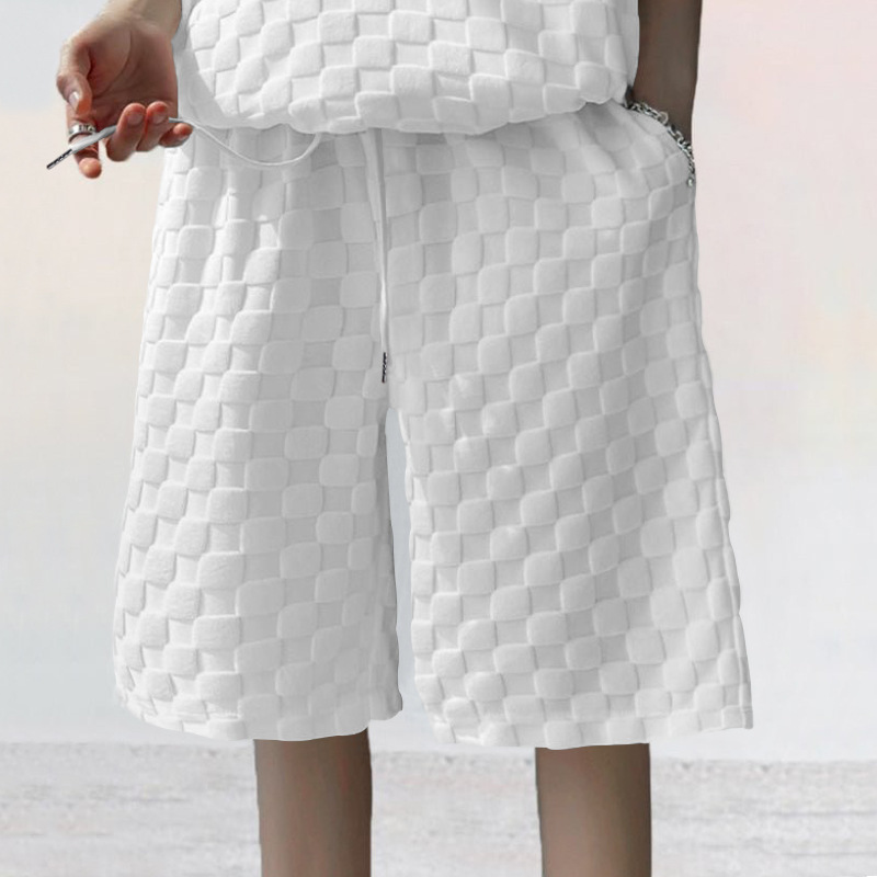 Man's clothing Men's summer jacquard check short sleeve T-shirt loose large size straight leg casual shorts set_voghion.com