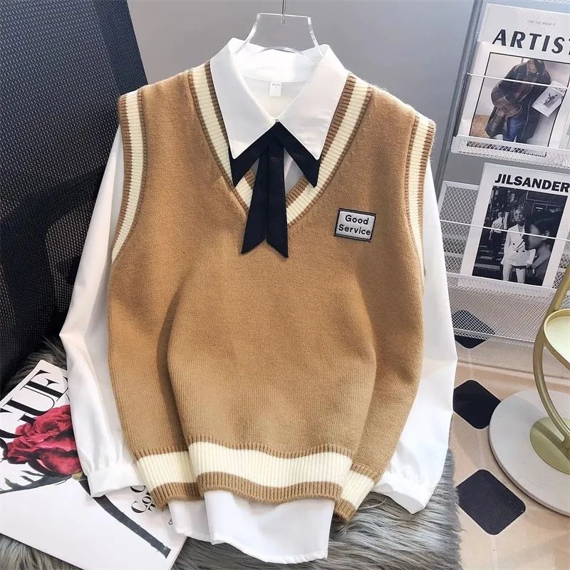 College style knitted for women in autumn and winter, layered on to, loose shoulder V-neck sleeveless sweater, vest_voghion.com