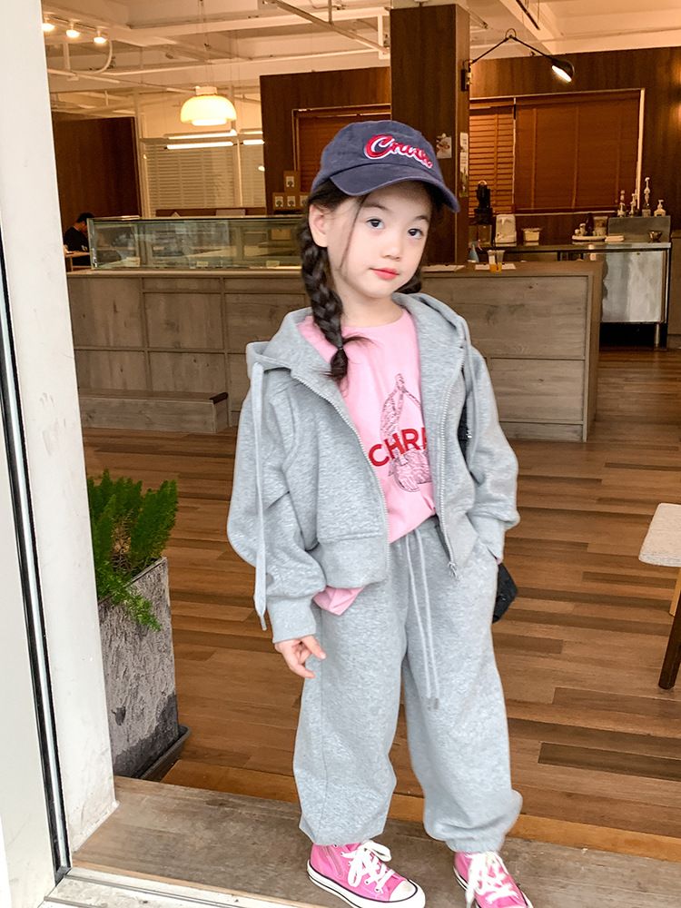 Girls' Hooded Sweater Set – Cozy Cotton Jacket & Jogger Pants For Playful Kids (Ages 3-8, Pink & Grey)_voghion.com