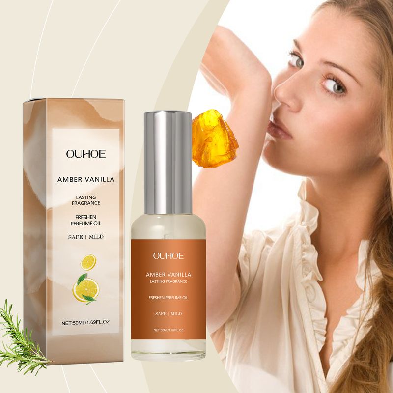 Perfume con textura de aceite esencial de vainilla, suave, fresco, ámbar claro y duradero._voghion.com
