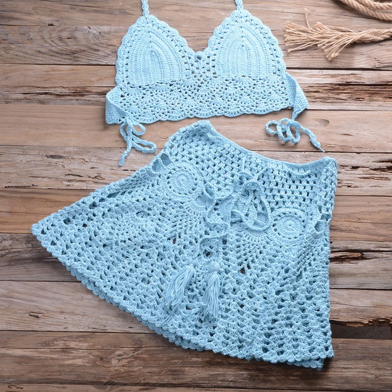 Vêtements pour femmes Crochet à la main Bikini Enveloppe de poitrine avec jupe plissée creuse sexy All Match Maillot de bain fendu_voghion.com