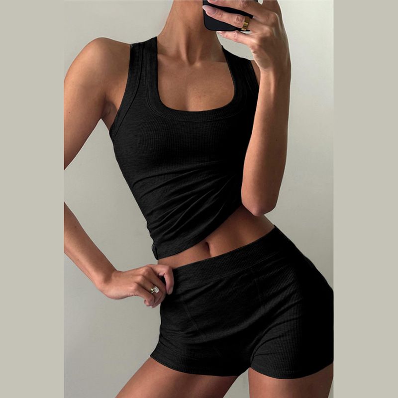 Damenbekleidung Herbstmode Lässig Rundhals Einfarbig Slim Fit I-förmige Weste Hohe Taille Shorts Anzug_voghion.com