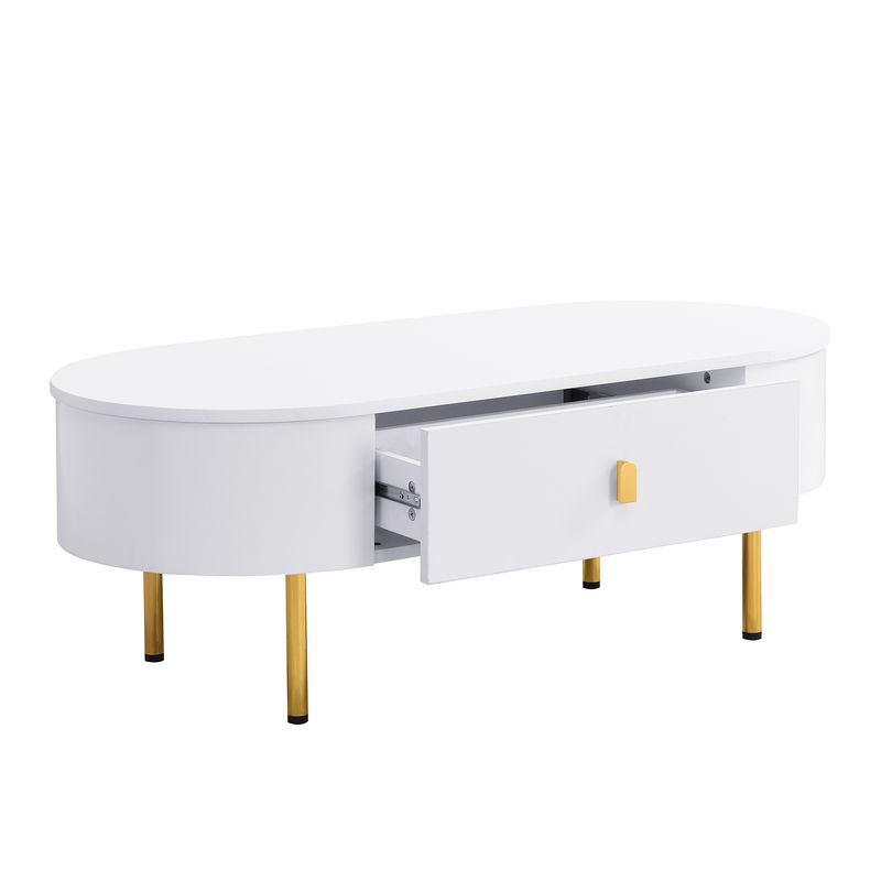Table basse à deux tiroirs, poignées et pieds dorés, coins arrondis_voghion.com