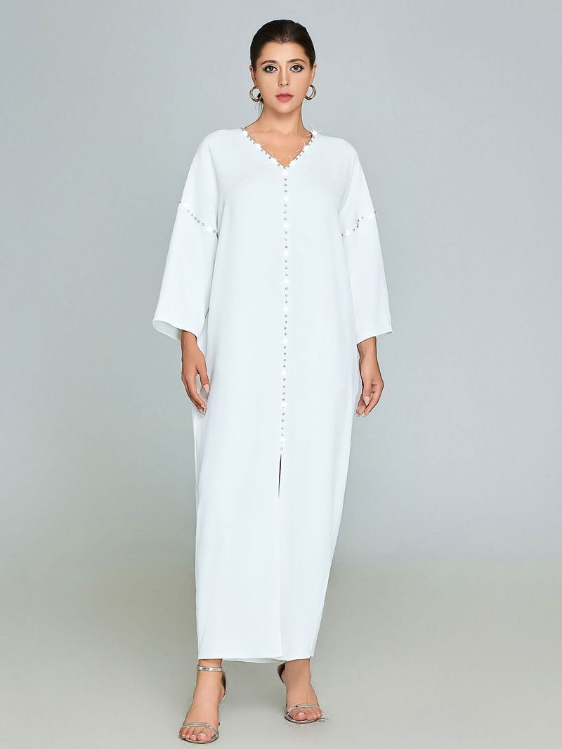 Elegante abito lungo con perline fatte a mano per donna - Abaya fluido e taglie forti con decorazioni, comodo caftano a maniche lunghe per occasioni casual e speciali_voghion.com